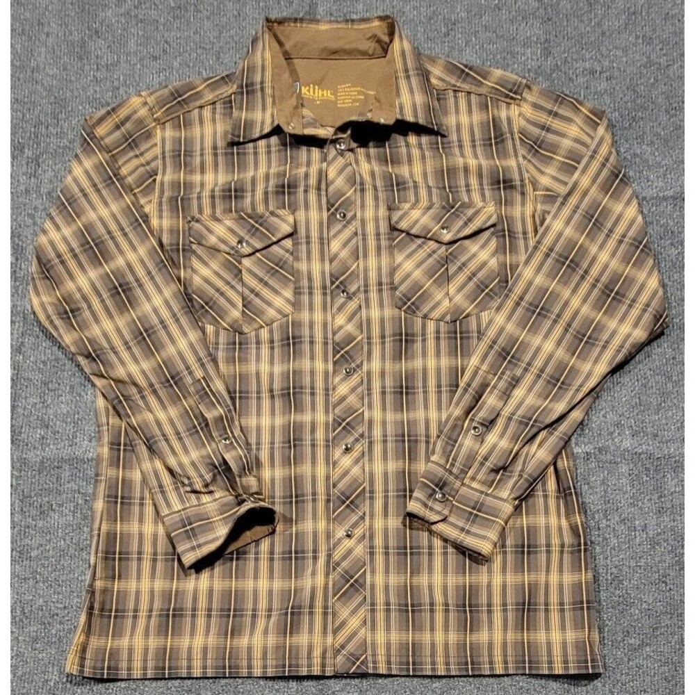 Kuhl Eluxur Ionik Brown Pearl Snap Shirt Plaid Long Sleeve Outdoor Mens Size M